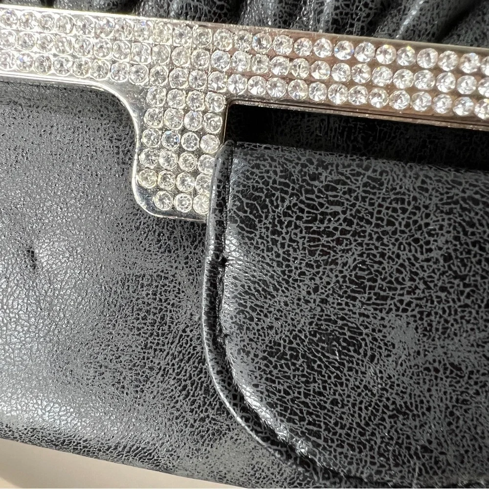 NEW MMS Black Faux Leather Rhinestone Accent Clutch Purse Silver Chain Strap